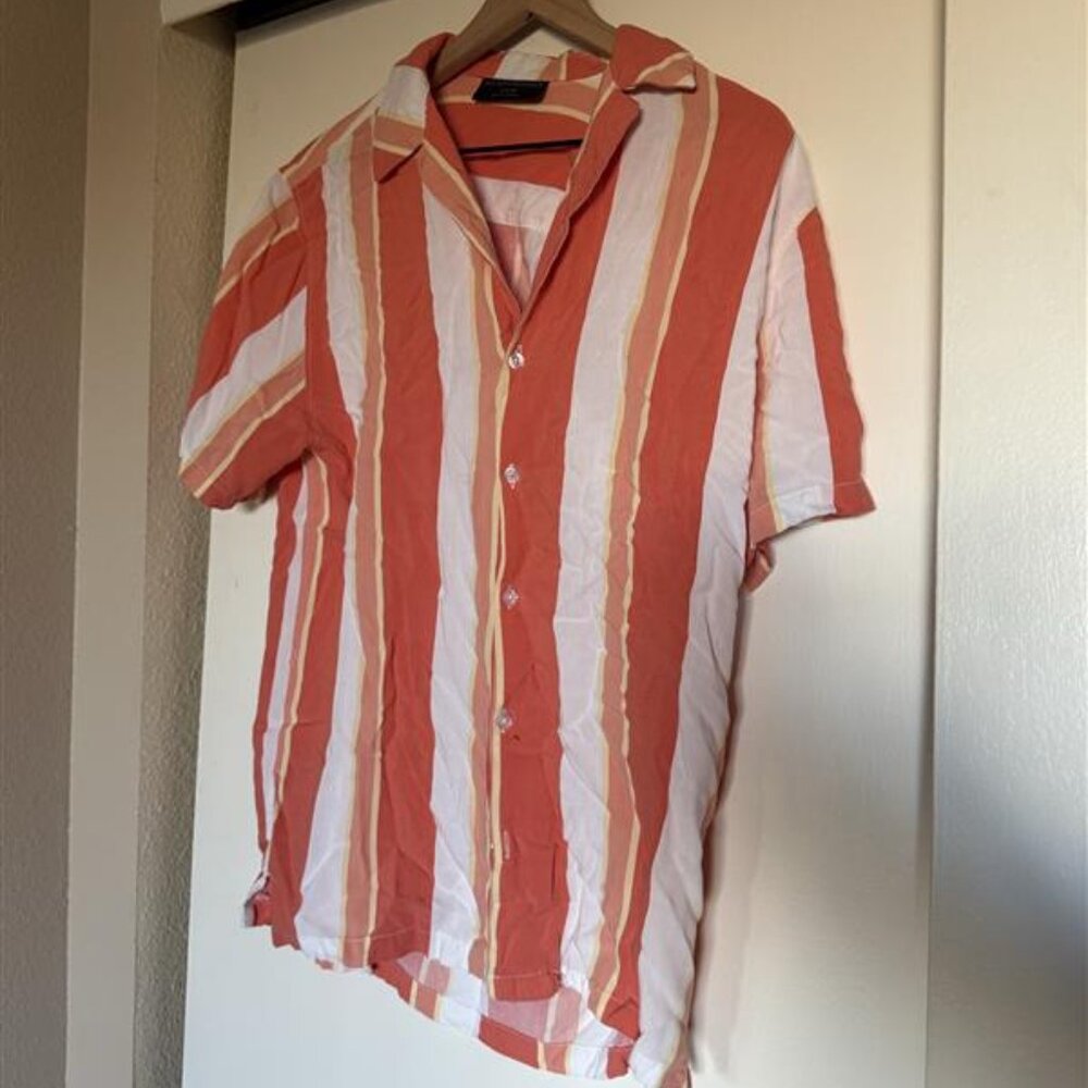 No Boundaries Men's Rayon Resort Striped Shirt. It is orange and white striped a